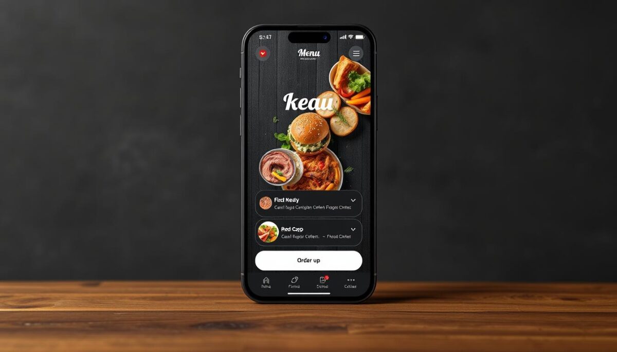 Generate an image of a restaurant mobile app interface showing a menu and ordering options.