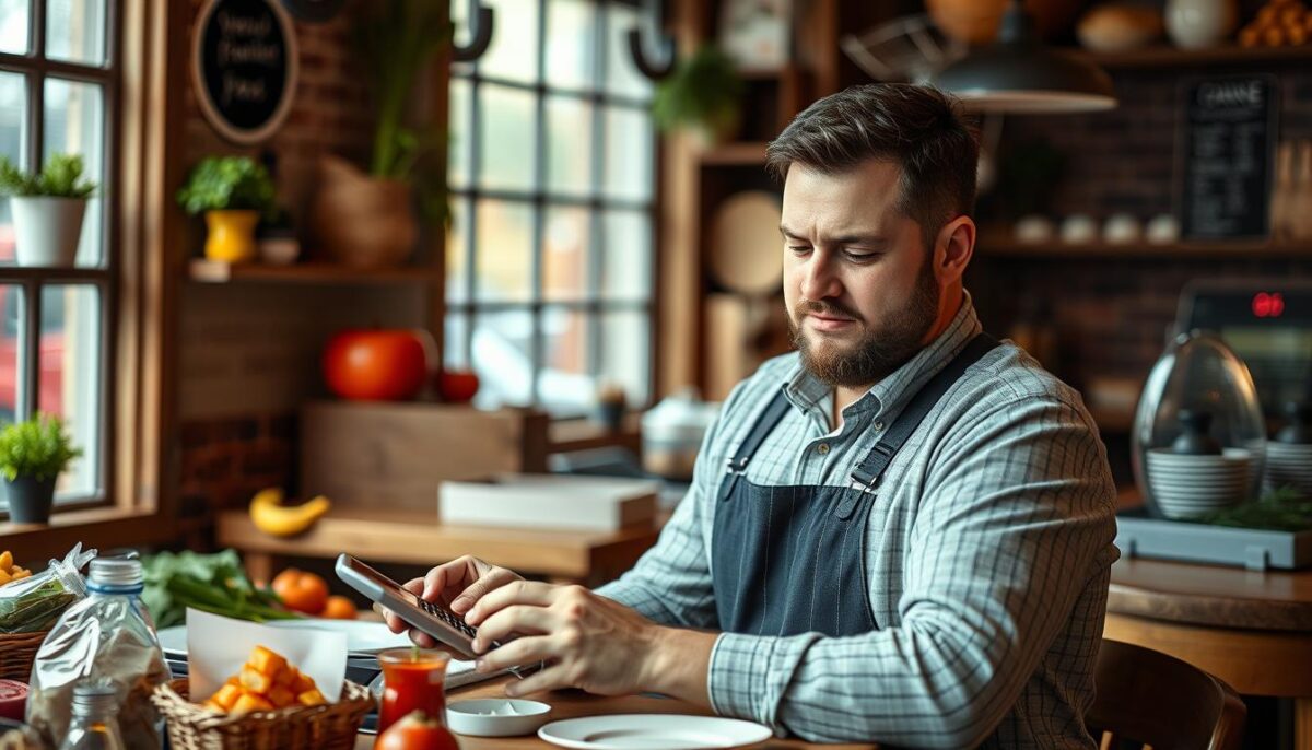 Generate an image of a restaurant owner calculating food costs