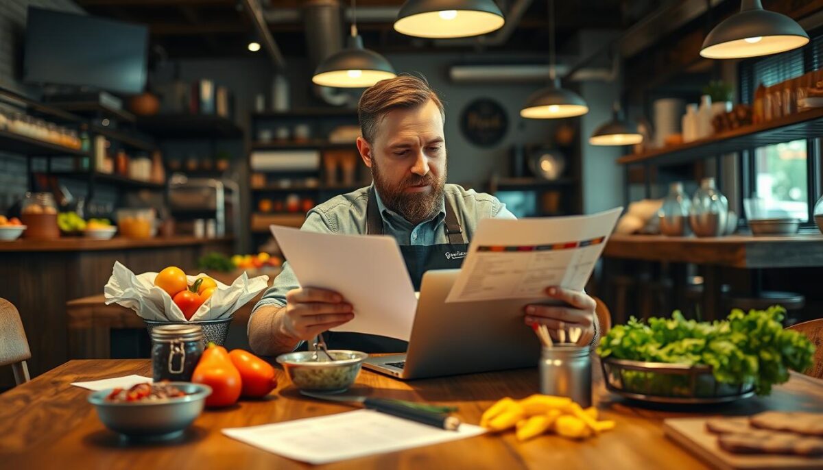 Generate an image of a restaurant owner using a food cost template on a laptop