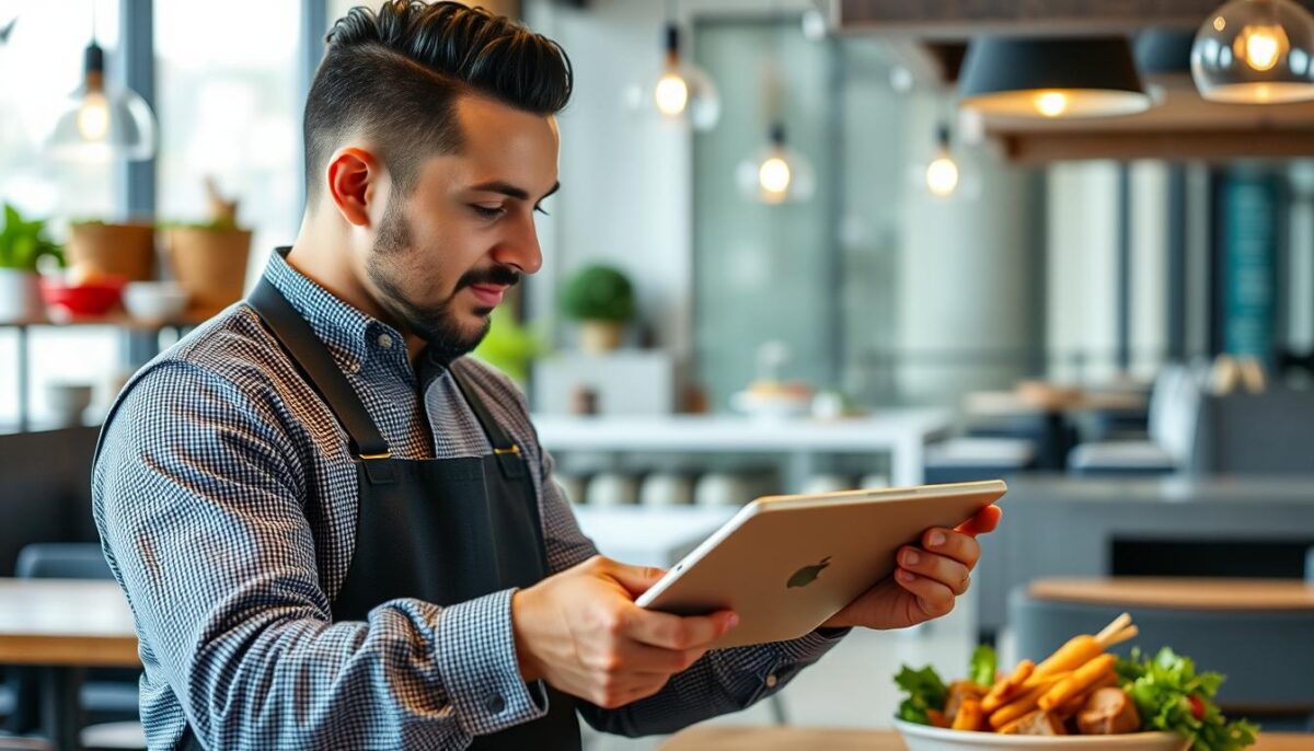 Generate an image of a restaurant owner using a tablet with AI menu engineering software on the screen.