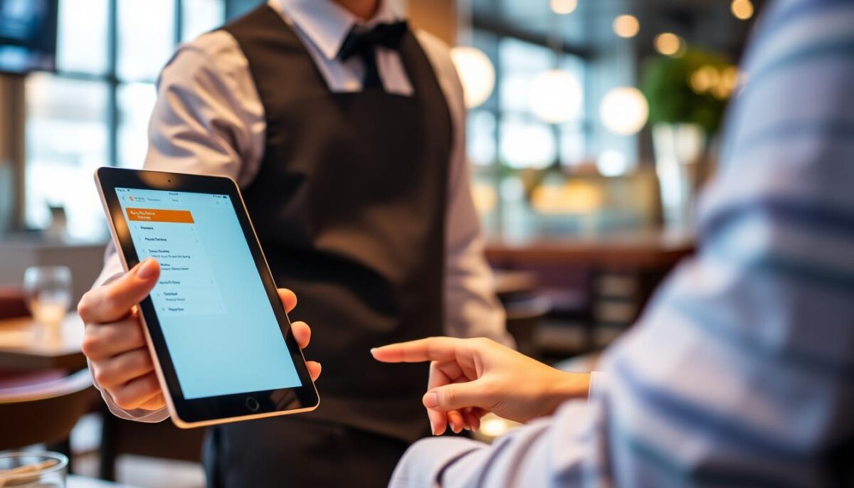 Generate an image of a restaurant server using an iPad with TouchBistro's POS system interface displayed on the screen.