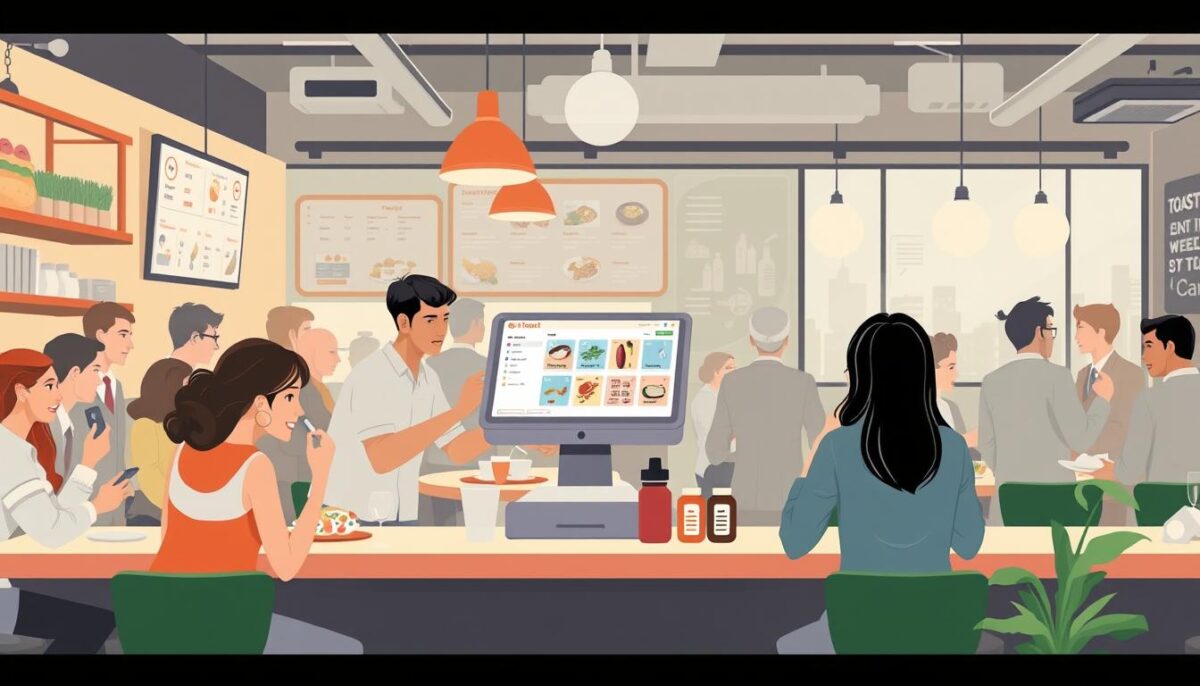 Generate an image of a restaurant using Toast POS for managing dine-in and online orders.