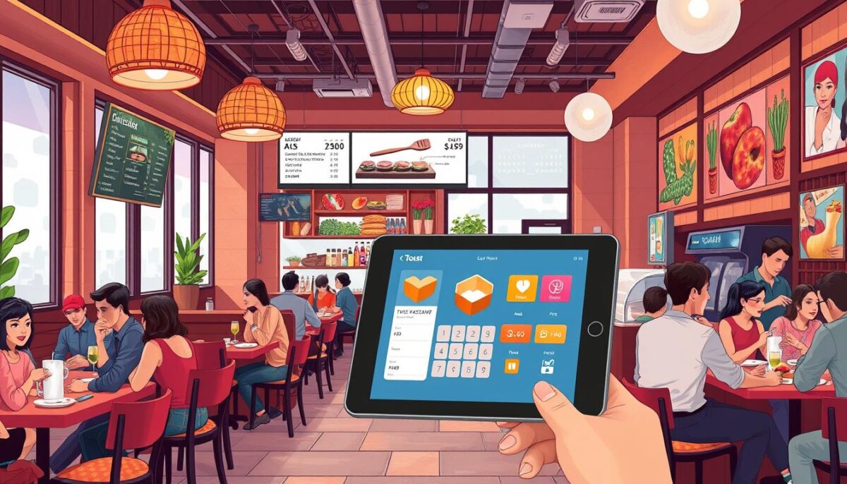 Generate an image of a restaurant using Toast POS on a tablet.