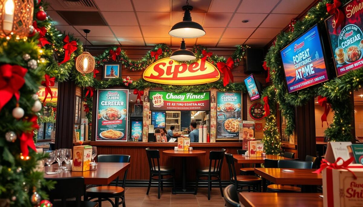 Generate an image of a restaurant with seasonal decorations and promotional materials.