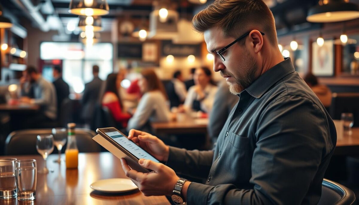 Generate an image of a small restaurant manager using a tablet with MarginEdge software interface.