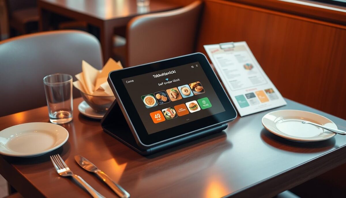 Generate an image of a tabletop self-order kiosk on a restaurant table.
