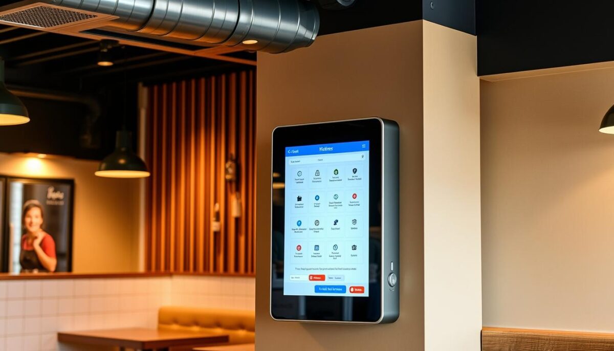 Generate an image of a wall-mounted self-order kiosk in a compact restaurant.