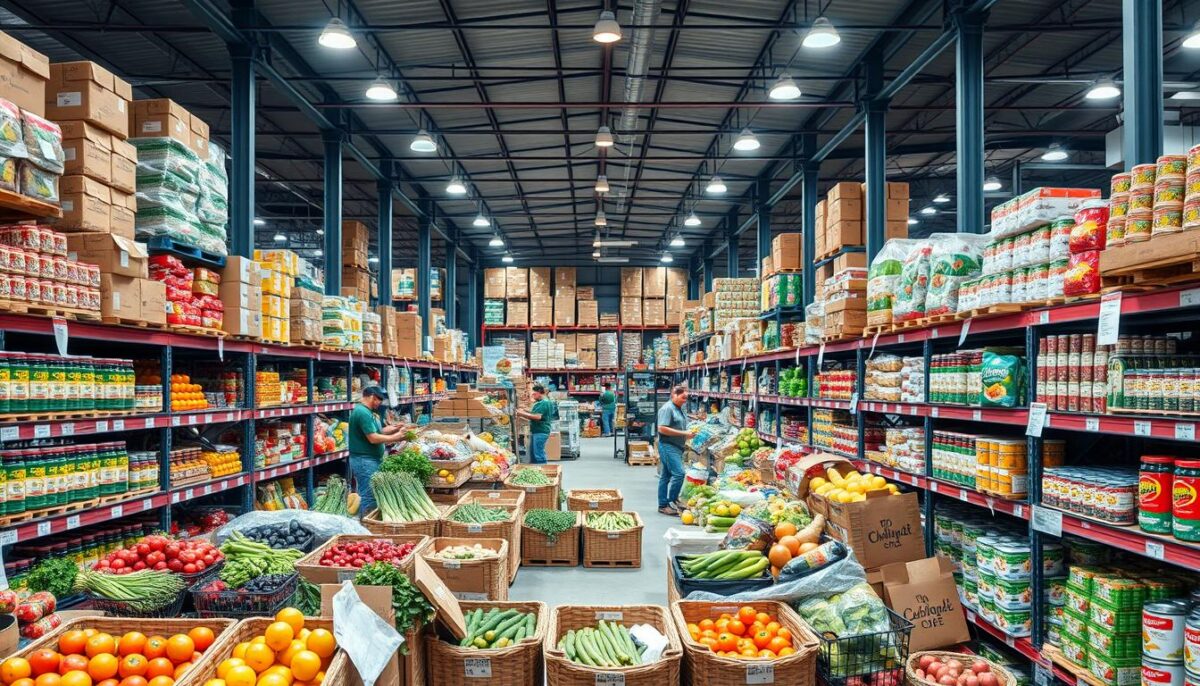 Generate an image of a wholesale food distributor's warehouse, showcasing a variety of food products.