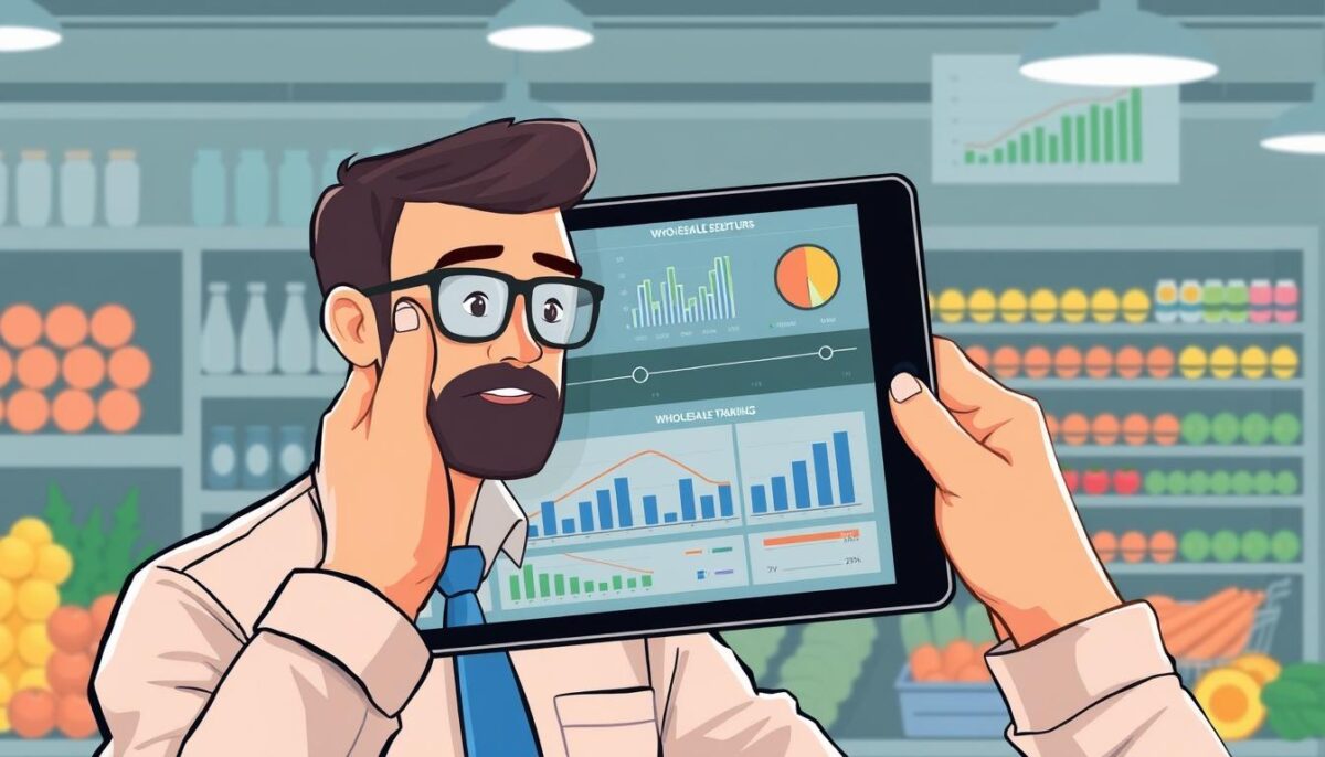 Image of a business owner comparing different wholesale food distributors on a tablet