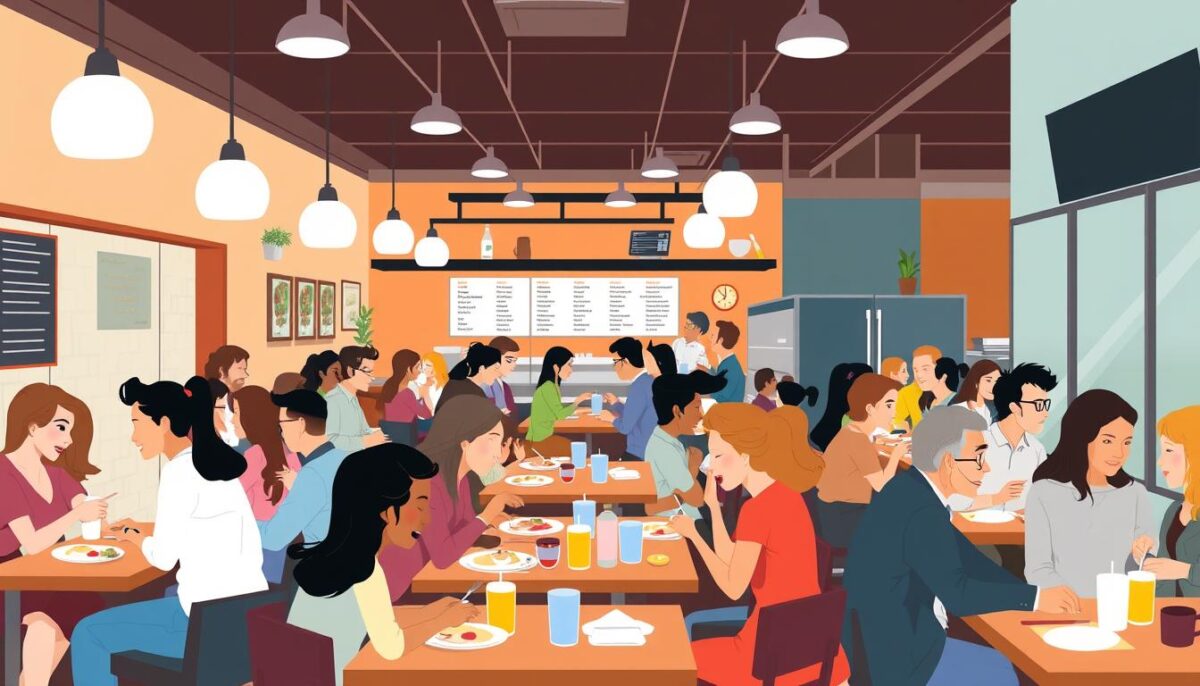 Image of a busy restaurant with a mix of customers and staff