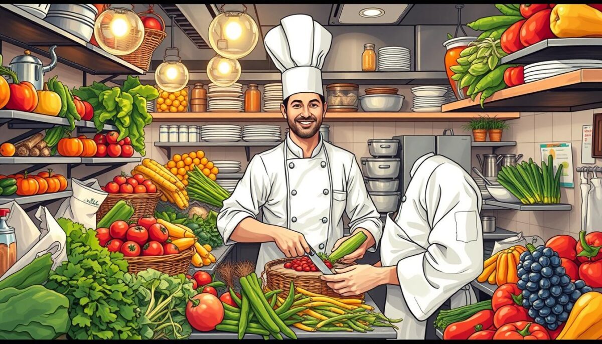 Image of a chef in a NYC restaurant kitchen, surrounded by fresh produce