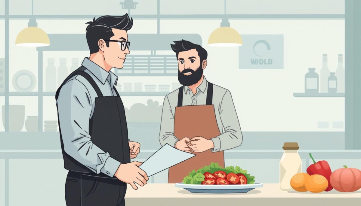 Image of a food distributor's representative discussing industry-specific solutions with a restaurant owner