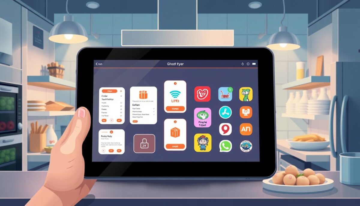 Image of a ghost kitchen with a tablet displaying various delivery apps and order management systems