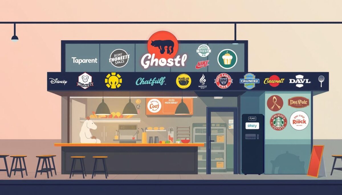 Image of a ghost kitchen with multiple brand logos