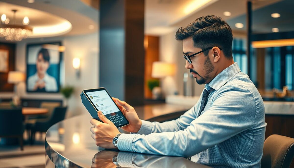 Image of a hotel manager reviewing Tripadvisor reviews on a tablet