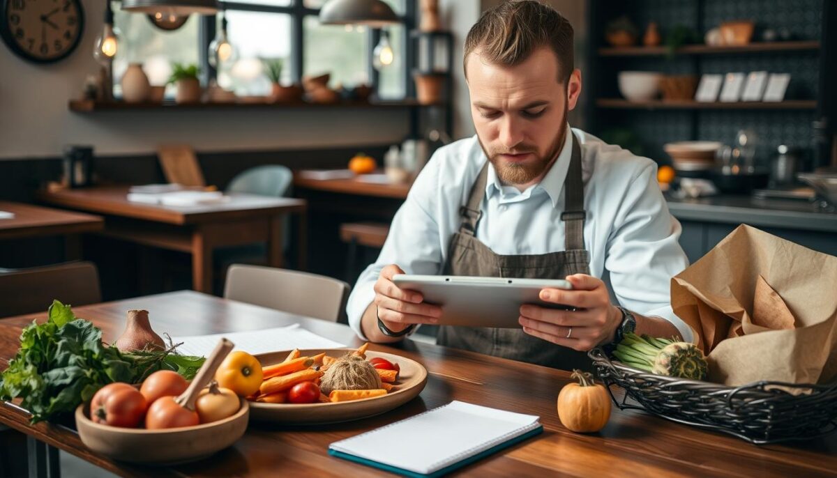 Image of a restaurant manager planning seasonal menu with a tablet