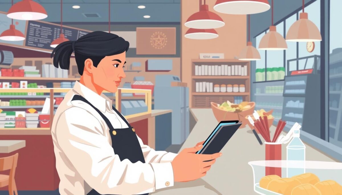 Image of a restaurant manager using inventory management software on a tablet
