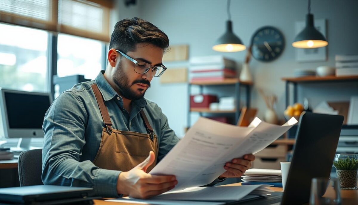 Image of a restaurant owner reviewing compliance documents