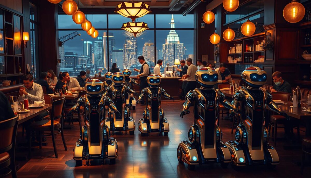 Prompt A bustling restaurant interior, dimly lit with warm, inviting lighting. In the foreground, a fleet of sleek, chrome-plated robot servers glide across the floor, their movements fluid and efficient as they navigate between tables, delivering dishes and refilling drinks. The robots' angular, futuristic designs contrast with the cozy, vintage-inspired decor of the restaurant, creating an intriguing juxtaposition. In the middle ground, human staff members work alongside the robots, providing a personal touch and attentive service. The background reveals large windows offering a glimpse of a vibrant city skyline, hinting at the restaurant's urban setting. The overall scene conveys a sense of technological progress harmoniously integrated with traditional hospitality, setting the stage for a seamless, high-tech dining experience.