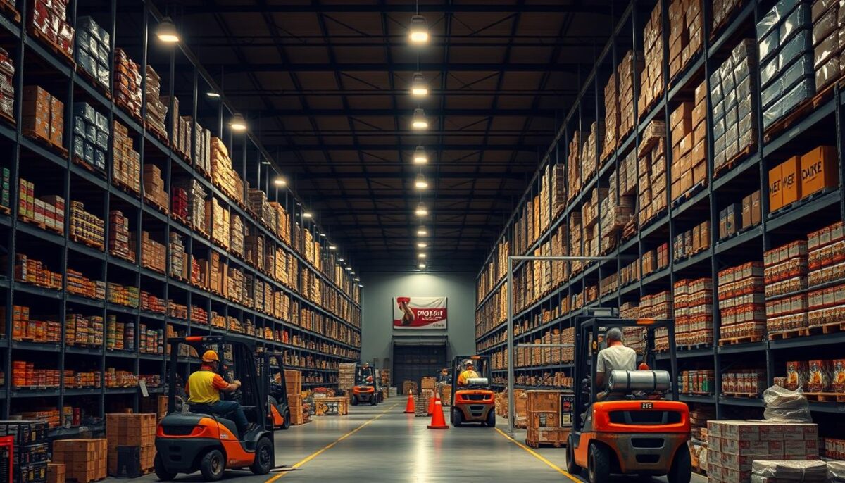 Prompt A bustling warehouse interior, dimly lit by warm overhead lighting. Rows of shelves stretch into the distance, stocked with a diverse array of food products. In the foreground, a team of workers expertly navigates forklifts, efficiently moving pallets and crates. The atmosphere conveys a sense of order, resilience, and adaptability - the backbone of a robust supply chain. Subtle visual cues, such as backup generators and emergency supplies, suggest preparedness for unexpected disruptions. The scene exemplifies the crucial role of supply chain resilience in ensuring consistent product availability, even in the face of challenges.