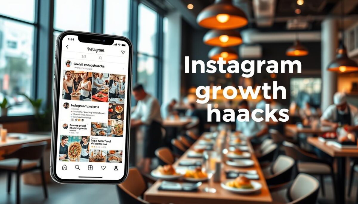 Prompt A vibrant and dynamic image showcasing a variety of Instagram growth hacks for restaurants. In the foreground, a stylized smartphone display highlights various social media engagement tactics, such as interactive polls, strategic hashtag usage, and collaborative content with influencers. The middle ground features a bustling restaurant interior, with chefs and servers working diligently to prepare and serve delectable dishes. The background sets the scene with a modern, minimalist decor and large windows allowing natural light to stream in, creating a warm and inviting atmosphere. The overall composition conveys a sense of synergy between digital marketing strategies and the hands-on experience of running a successful restaurant in the year 2025.