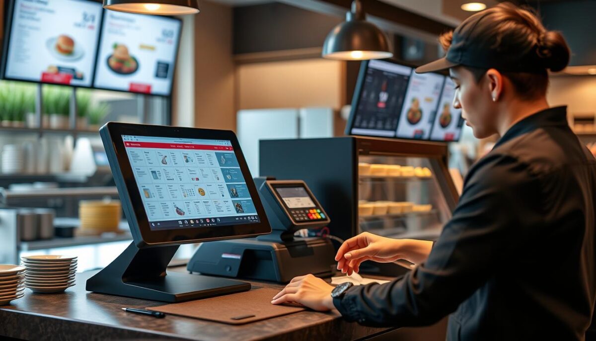 Restaurant POS system integration with online ordering and kitchen display systems.