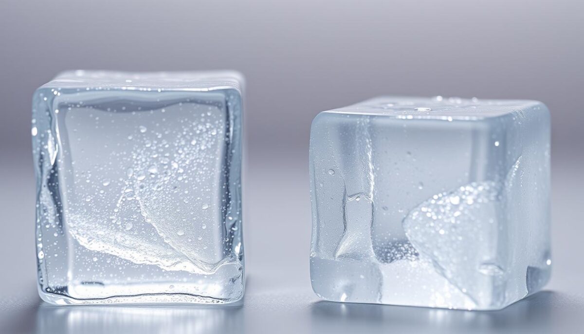 A close-up comparison of expertly crafted ice cubes, one from a Hoshizaki ice machine and the other from a Manitowoc. The Hoshizaki cube glistens with crystalline clarity, while the Manitowoc cube has a slightly more cloudy, dense appearance. Both are backlit by a soft, diffused light, allowing their intricate structures to be visible. The camera angle is slightly elevated, creating a sense of scrutiny and analysis. The background is a neutral, out-of-focus expanse, keeping the focus solely on the ice cubes and their distinct qualities.