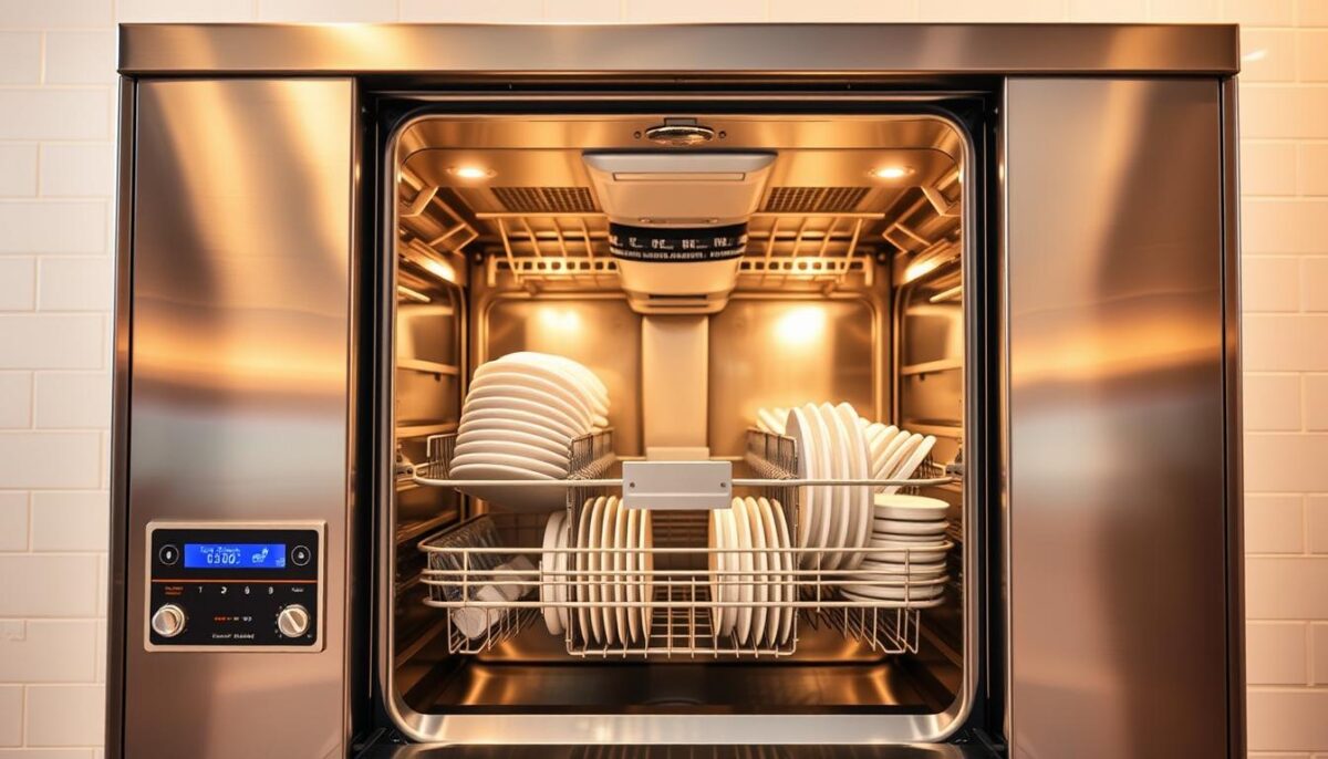 A commercial dishwasher stands in a bright, well-lit kitchen, its stainless steel exterior gleaming under warm, diffused lighting. In the foreground, a set of controls and display panels showcase the various features: high-efficiency spray arms, multi-level rack systems, and intuitive digital interfaces. The middle ground reveals the machine's spacious interior, with ample room for stacking racks of dishes, glasses, and utensils. In the background, a clean, minimalist tiled wall provides a neutral backdrop, emphasizing the dishwasher's streamlined design and functionality. The overall scene conveys a sense of efficiency, attention to detail, and the machine's ability to handle the demands of a busy commercial kitchen.