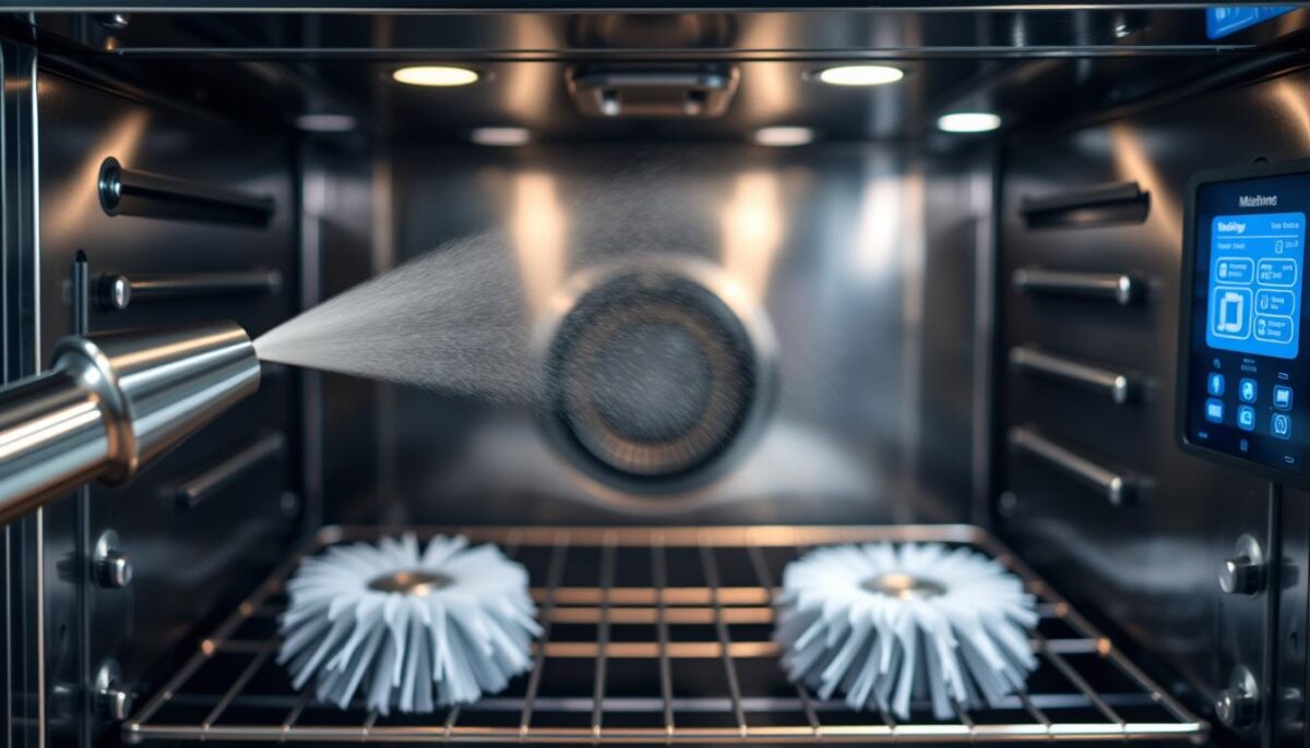 A commercial-grade combi oven interior, with a comprehensive cleaning system prominently displayed. In the foreground, a stainless steel nozzle sprays a fine mist of cleaning solution, while in the middle ground, rotary brushes scrub the oven walls. The background showcases the oven's digital control panel, with intuitive icons and a touchscreen interface for easy maintenance scheduling. Soft, even lighting illuminates the scene, highlighting the oven's sleek, modern design. The overall atmosphere conveys efficiency, reliability, and attention to detail - crucial for the demanding kitchen environment.