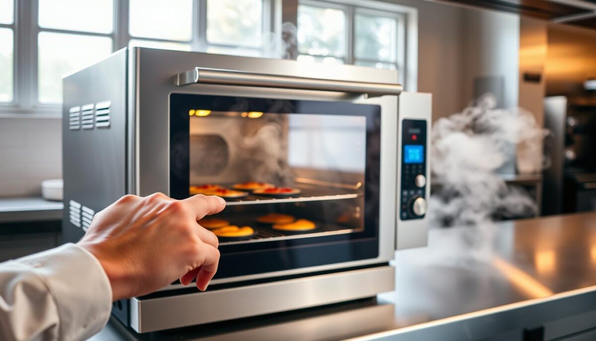 A commercial-grade combi oven, the centerpiece of a modern commercial kitchen, stands proudly on a stainless steel countertop. Steam swirls around the oven, its glass door revealing the gently browning dishes within. Bright, natural light filters in from large windows, casting a warm glow over the scene. The oven's sleek, brushed metal exterior gleams, conveying a sense of technological prowess and culinary excellence. In the foreground, a chef's hand reaches towards the oven's intuitive control panel, ready to fine-tune the temperature and humidity levels to achieve the perfect results. The atmosphere is one of efficiency, precision, and the pride of professional cooking.