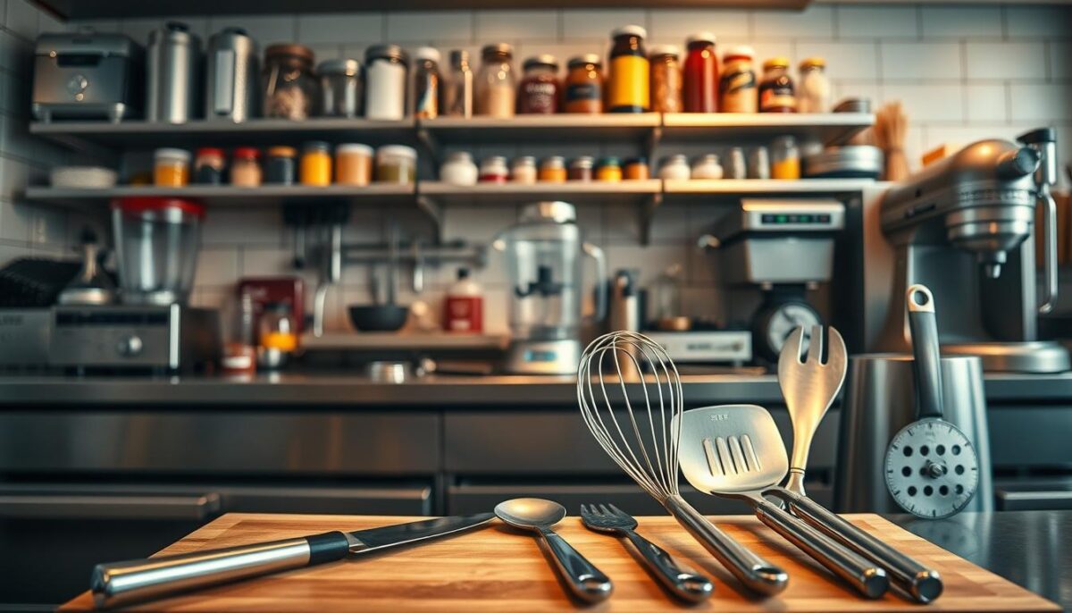 A commercial kitchen filled with an array of essential tools, captured in a warm, inviting atmosphere. In the foreground, a selection of high-quality stainless steel utensils, including a chef's knife, whisk, and spatula, neatly arranged on a wooden cutting board. In the middle ground, a range of appliances such as a commercial-grade blender, food processor, and stand mixer, all in a sleek, modern design. In the background, a well-organized shelving system showcases various jars, containers, and specialty ingredients, illuminated by soft, diffused lighting that creates a sense of professionalism and efficiency. The overall scene conveys the importance of having the right tools to streamline kitchen operations and deliver exceptional culinary results.