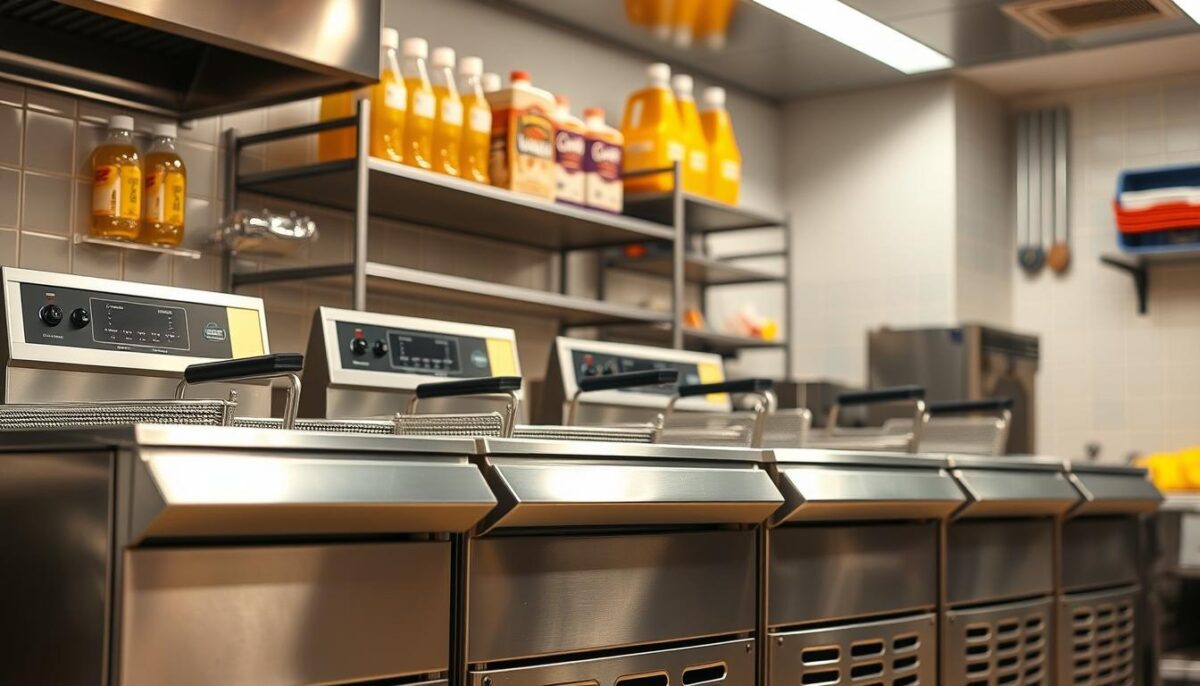 A commercial kitchen interior with a row of modern, stainless steel gas fryers prominently displayed. The fryers have a sleek, professional design with digital controls and large frying baskets. Bright LED lighting illuminates the scene, casting a warm glow on the gleaming equipment. The background features a tiled backsplash and shelving units stocked with cooking oils and supplies, creating a sense of an active, well-equipped commercial kitchen. The overall mood is one of efficiency, durability, and the promise of perfectly crispy fried foods.
