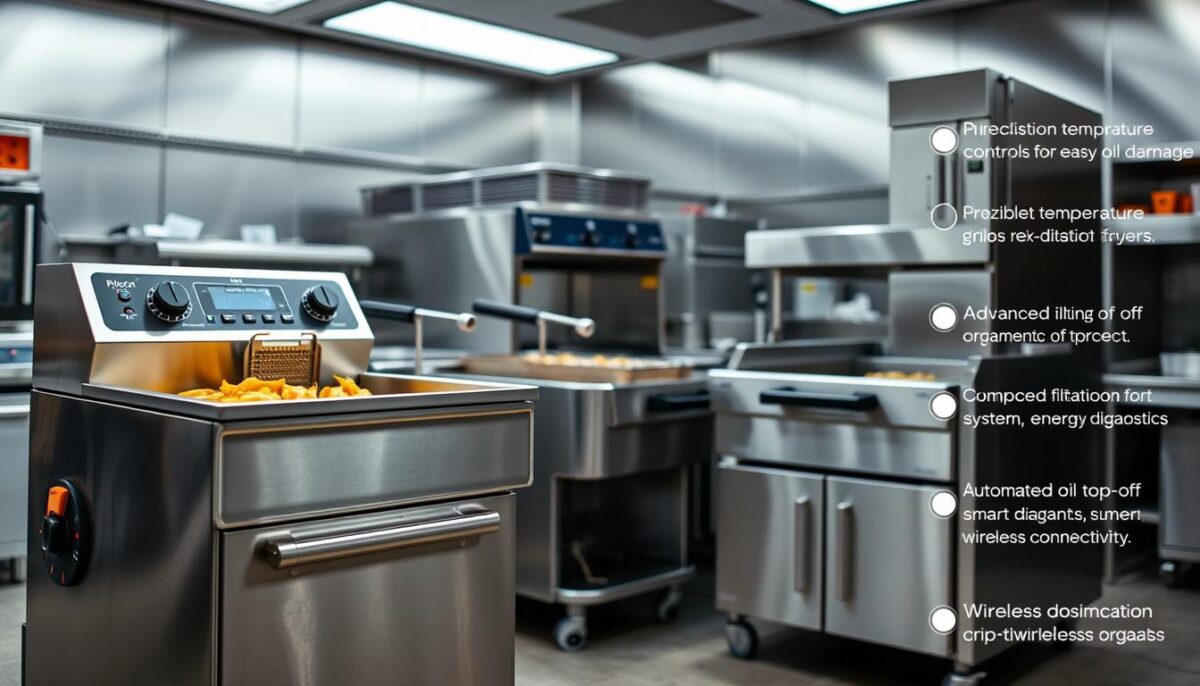A commercial kitchen with an array of state-of-the-art fryers, their stainless steel bodies gleaming under bright LED lighting. In the foreground, a Pitco fryer features a large digital display, precision temperature controls, and a unique tilting mechanism for easy oil drainage. In the middle, a Frymaster fryer boasts an advanced filtration system and a compact, energy-efficient design. The background showcases a range of innovative features like automated oil top-off, smart diagnostics, and wireless connectivity. The scene conveys a sense of culinary innovation, efficiency, and the pursuit of consistently crisp, golden-brown results.