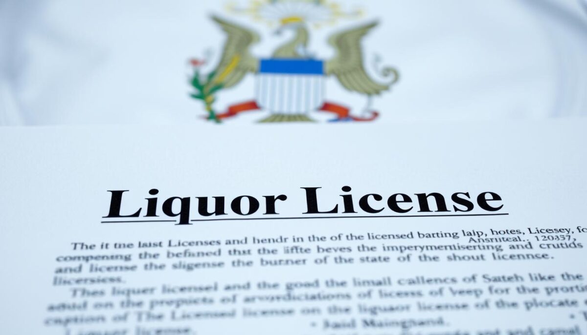 A crisp, official-looking document with a prominent title "Liquor License" prominently displayed in the center. The background features a softly blurred image of a state flag or seal, suggesting a state-level government document. The foreground contains detailed fine print with legal terminology and formal layout, conveying the serious, bureaucratic nature of the subject. The lighting is cool and neutral, with a sense of authority and legitimacy. The overall mood is one of official government paperwork, highlighting the state-specific nature of liquor licenses and the associated administrative processes.