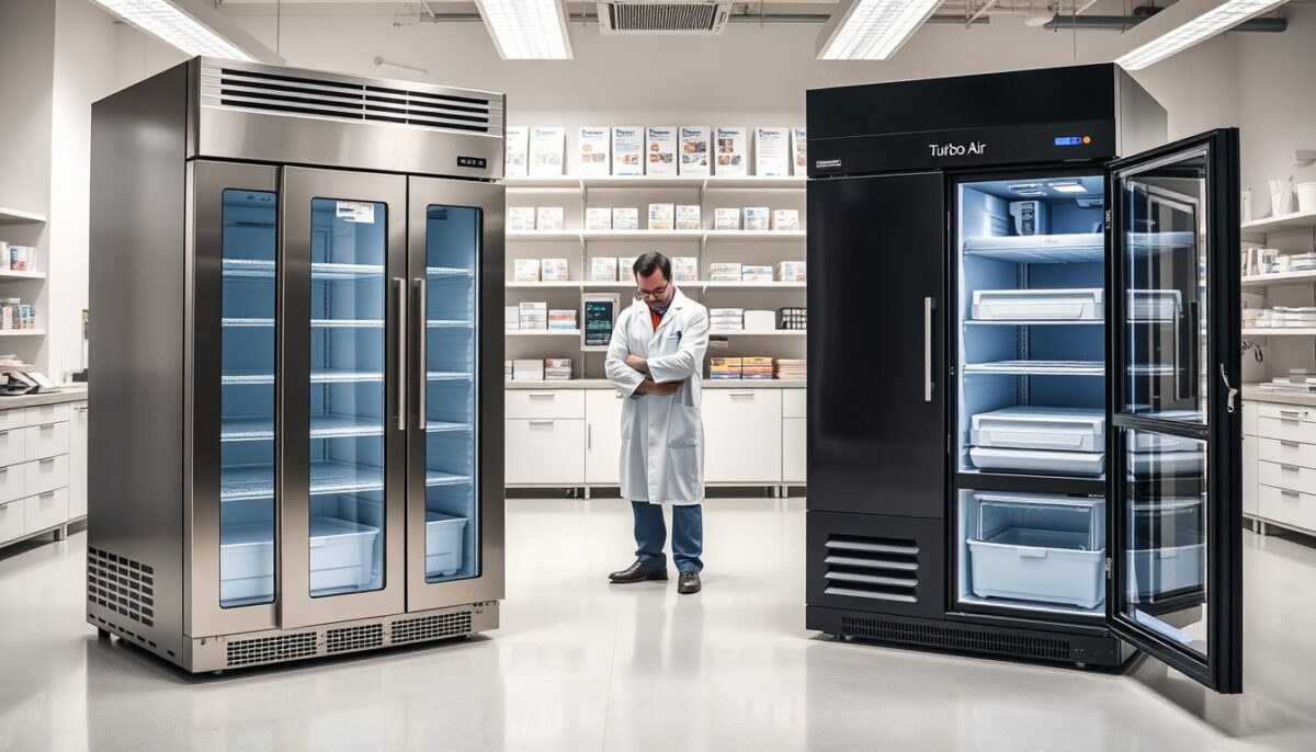 A crisp, well-lit commercial refrigerator showroom, with two side-by-side refrigerators in the foreground. The left refrigerator is the True model, with a sleek stainless steel exterior and a sturdy, modern design. The right refrigerator is the Turbo Air model, featuring a slightly more industrial look with a matte black finish. Both refrigerators are open, revealing their internal storage spaces. The middle ground showcases a technician in a white lab coat, carefully examining the inner workings of the refrigerators, while the background depicts a clean, minimalist office setting, with shelves of product manuals and testing equipment. The overall mood is one of technical precision, highlighting the build quality and durability of these commercial refrigerator models.