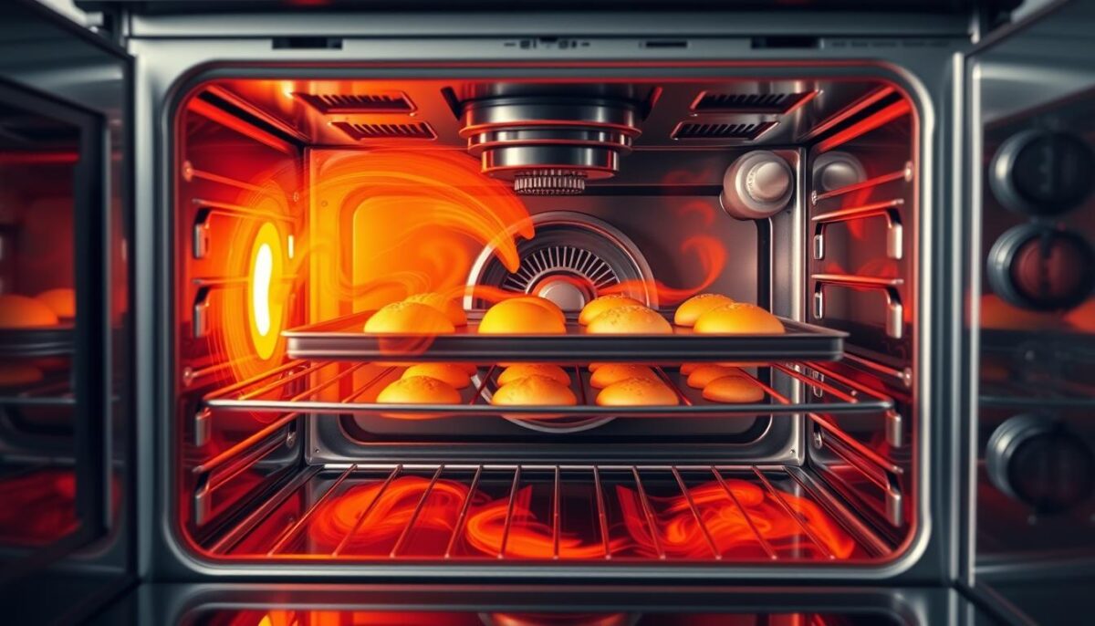 A cutaway view of a convection oven interior, with detailed heat distribution patterns visualized in shades of red, orange, and yellow. The foreground shows the oven cavity, with hot air currents swirling and eddying around trays of baked goods. The middle ground reveals the convection fan and heating elements, their placement and design impacting the even heat flow. The background fades into a muted, technical environment, emphasizing the scientific nature of the analysis. Realistic textures, precise engineering, and a sense of precision and functionality pervade the scene, conveying the technical expertise required to evaluate baking performance.