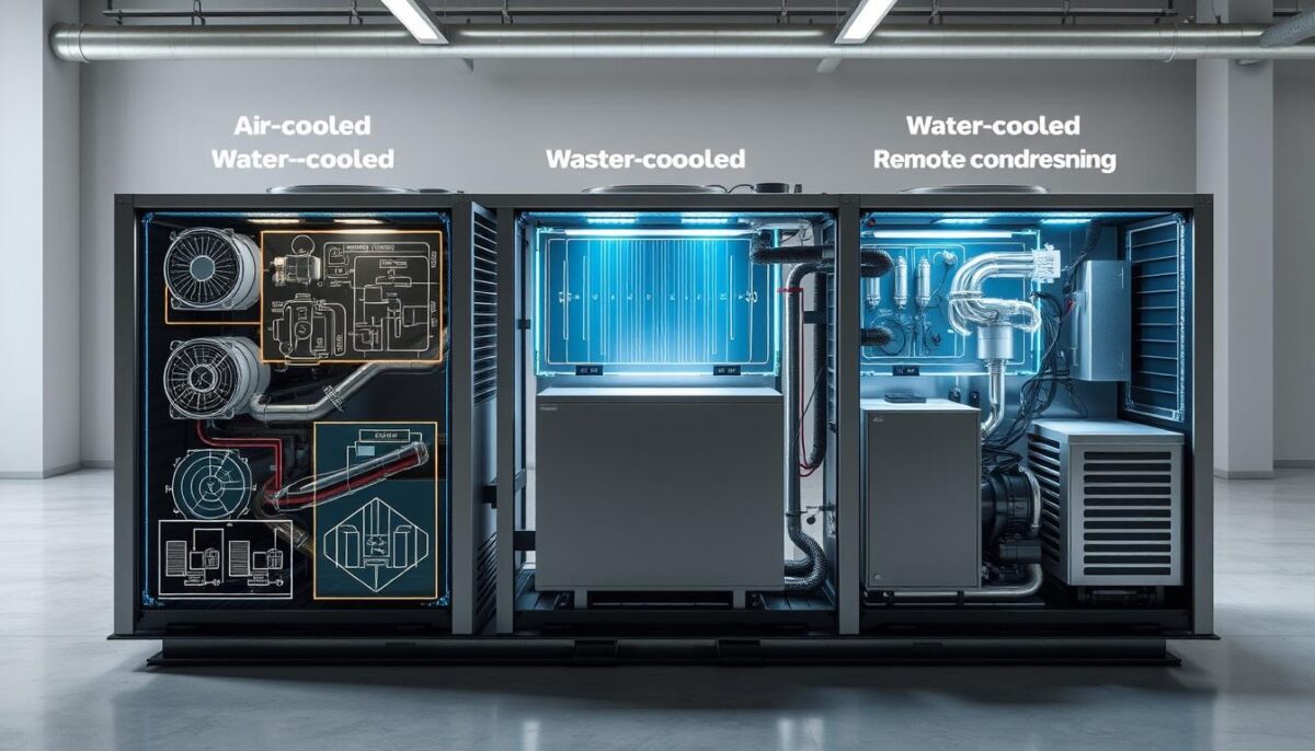 A detailed cross-section of various commercial ice machine cooling systems, showcasing air-cooled, water-cooled, and remote condensing units. The scene is lit by soft, even lighting, captured with a wide-angle lens to provide a comprehensive view. In the foreground, intricate diagrams highlight the key components and heat exchange mechanisms of each cooling method. The middle ground features 3D renderings of the actual ice machine cabinets, emphasizing their distinctive designs. The background subtly fades into a clean, minimalist industrial setting, allowing the technical details to take center stage. The overall mood is one of informative clarity, inviting the viewer to study the inner workings of these essential cooling systems.