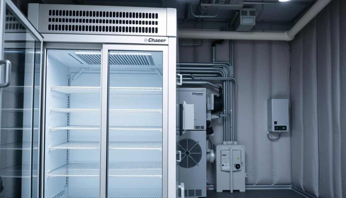 A detailed, high-resolution image of a commercial walk-in cooler refrigeration system. The foreground features the main cabinet with a transparent glass door, revealing the interior shelving and cold air circulation. The middle ground showcases the compressor unit, evaporator coils, and control panel mounted on the side. The background depicts the cooler's insulated walls, ceiling, and floor, with a sense of industrial functionality. The lighting is bright and evenly distributed, highlighting the technical components. The overall mood conveys a clean, well-maintained, and efficiently designed commercial refrigeration setup.