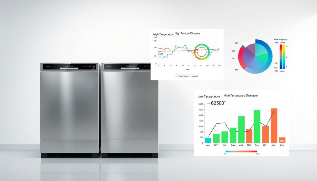 A detailed, technical comparison of the energy consumption of high-temperature and low-temperature commercial dishwashers. Sleek, modern appliances set against a crisp, minimalist background, their metal exteriors gleaming under bright, directional lighting. Precise engineering diagrams and data visualizations hover in the foreground, colorful charts and graphs displaying the key energy metrics. The scene conveys a sense of scientific rigor and objective analysis, guiding the viewer to understand the relative efficiency of these two dishwasher models.
