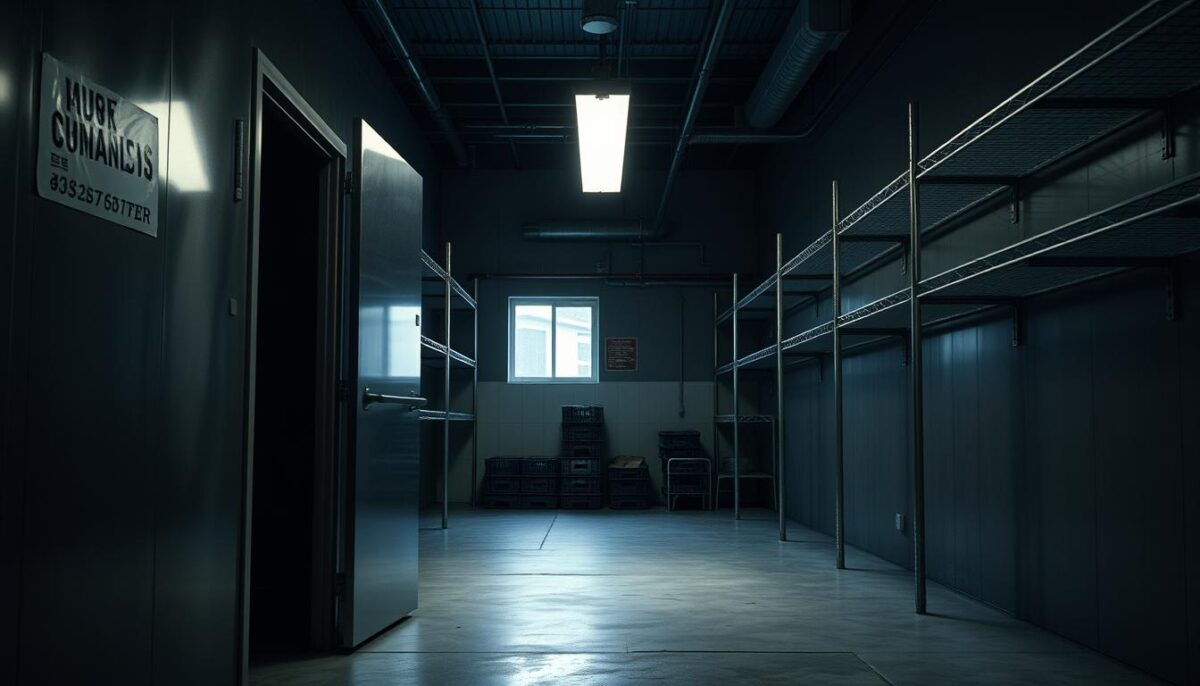 A dimly lit, industrial interior of a walk-in cooler, with stainless steel shelving lining the walls. The cool, sterile atmosphere is illuminated by a soft, overhead lighting fixture, casting a soft glow on the smooth, concrete floor. In the foreground, a metal door stands ajar, hinting at the chill of the refrigerated space beyond. The middle ground features crates and boxes neatly stacked, while the background reveals a glimpse of the exterior through a small window, providing a contrasting sense of the cooler's placement within a larger commercial kitchen or restaurant setting.