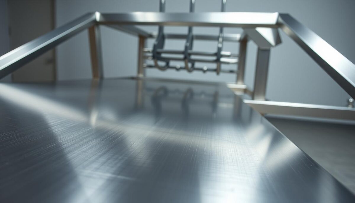 A gleaming, well-engineered stainless steel construction, with clean lines and a sturdy, industrial aesthetic. The foreground features a close-up view of the seamless, brushed metal surface, showcasing its sleek, low-reflective finish. The middle ground reveals the precise, interlocking components that form the sturdy frame, while the background subtly suggests a minimalist, well-lit environment, emphasizing the construction's quality and durability. Crisp, directional lighting casts subtle shadows, accentuating the metallic textures and lending a sense of depth and solidity to the overall composition. The camera angle is slightly elevated, providing a balanced, authoritative perspective on the subject.