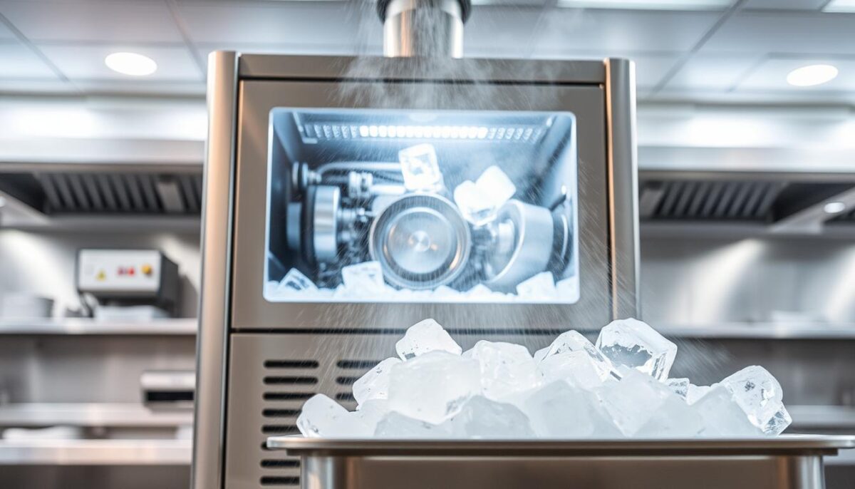 A high-capacity industrial ice maker set against a backdrop of a modern commercial kitchen. The stainless steel exterior gleams under bright overhead lighting, its intricate mechanisms visible through a transparent panel. Icy cold air emanates from the machine, creating a misty, atmospheric effect. In the foreground, a steady stream of ice cubes cascades into a waiting container, showcasing the impressive output. The scene conveys a sense of efficiency, reliability, and the ability to meet the demanding volume requirements of a bustling commercial environment.
