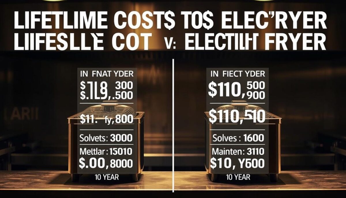 A high-contrast, detailed illustration depicting the lifetime cost comparison between a gas fryer and an electric fryer. In the foreground, two parallel columns show the breakdown of initial investment, energy consumption, and maintenance costs for each fryer type over a 10-year period. The background features a dimly lit industrial kitchen setting, with the fryers situated on a stainless steel countertop under warm, focused lighting. The composition emphasizes the financial data, using a minimalist, infographic-style layout to clearly convey the long-term cost implications of choosing between gas and electric fryer technologies.