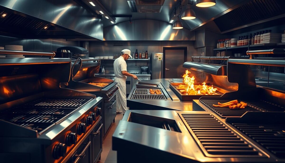 A high-quality commercial kitchen interior, dimly lit with warm, focused lighting. In the foreground, various types of commercial grills are prominently displayed - sleek stainless steel gas grills, heavy-duty charcoal grills, and modern electric griddles. In the middle ground, chefs in crisp white uniforms tend to the sizzling meats and vegetables, creating an atmosphere of professional culinary expertise. The background features stainless steel appliances, shelves of spices and seasonings, and the hum of an efficiently organized kitchen. The scene conveys the importance of choosing the right commercial grill setup to maximize restaurant sales and customer satisfaction.