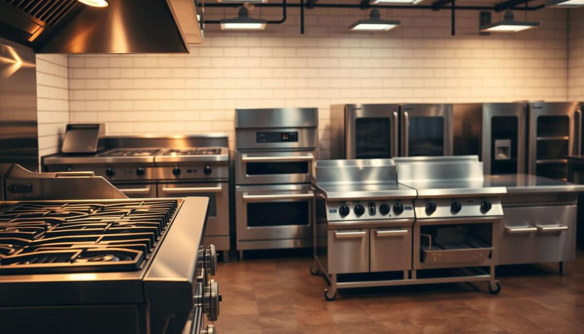 A high-quality, detailed image of commercial cooking equipment, showcasing the heritage and reputation of the Southbend and Vulcan brands. The scene depicts a well-lit, spacious commercial kitchen with stainless steel appliances and equipment in the foreground, including a large, professional-grade gas range, griddle, and fryer, all gleaming under warm, directional lighting. In the middle ground, a row of other Southbend and Vulcan appliances, such as ovens and steamers, stand proudly, their polished surfaces reflecting the kitchen's activity. The background features a clean, tiled wall, subtly conveying a sense of professionalism and culinary excellence associated with these renowned brands. The overall mood is one of sophistication, reliability, and a commitment to high-performance commercial cooking.