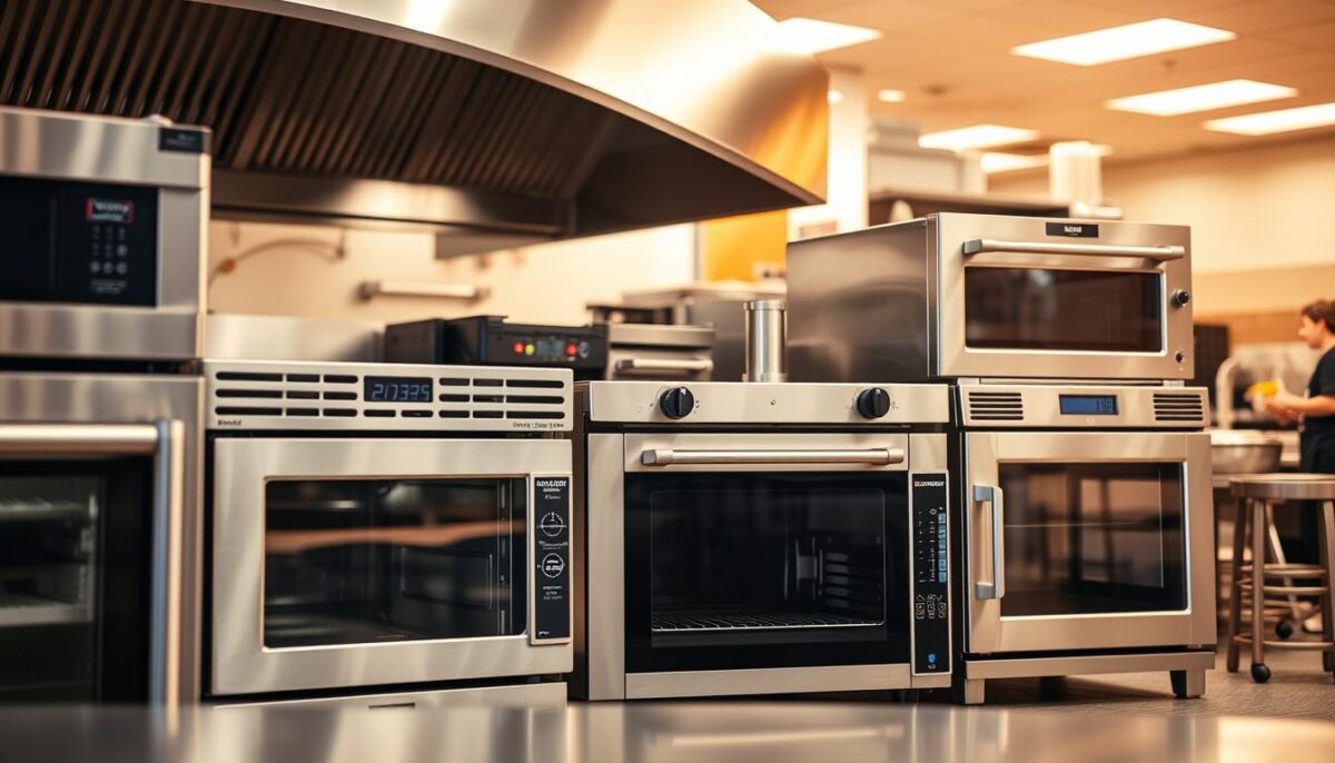 A high-quality, detailed shot of various commercial convection ovens in a professional kitchen setting. The ovens are prominently displayed in the foreground, showcasing their distinct designs and features. The middle ground captures the overall kitchen environment, with stainless steel surfaces, cooking equipment, and a well-lit, organized workspace. The background subtly hints at the commercial context, with a glimpse of restaurant staff or diners in the distance. The lighting is warm and even, highlighting the textures and finishes of the ovens. The camera angle is slightly elevated, providing a comprehensive view of the different oven types and their relative sizes. The overall mood is one of efficiency, professionalism, and the high-stakes environment of a commercial kitchen.