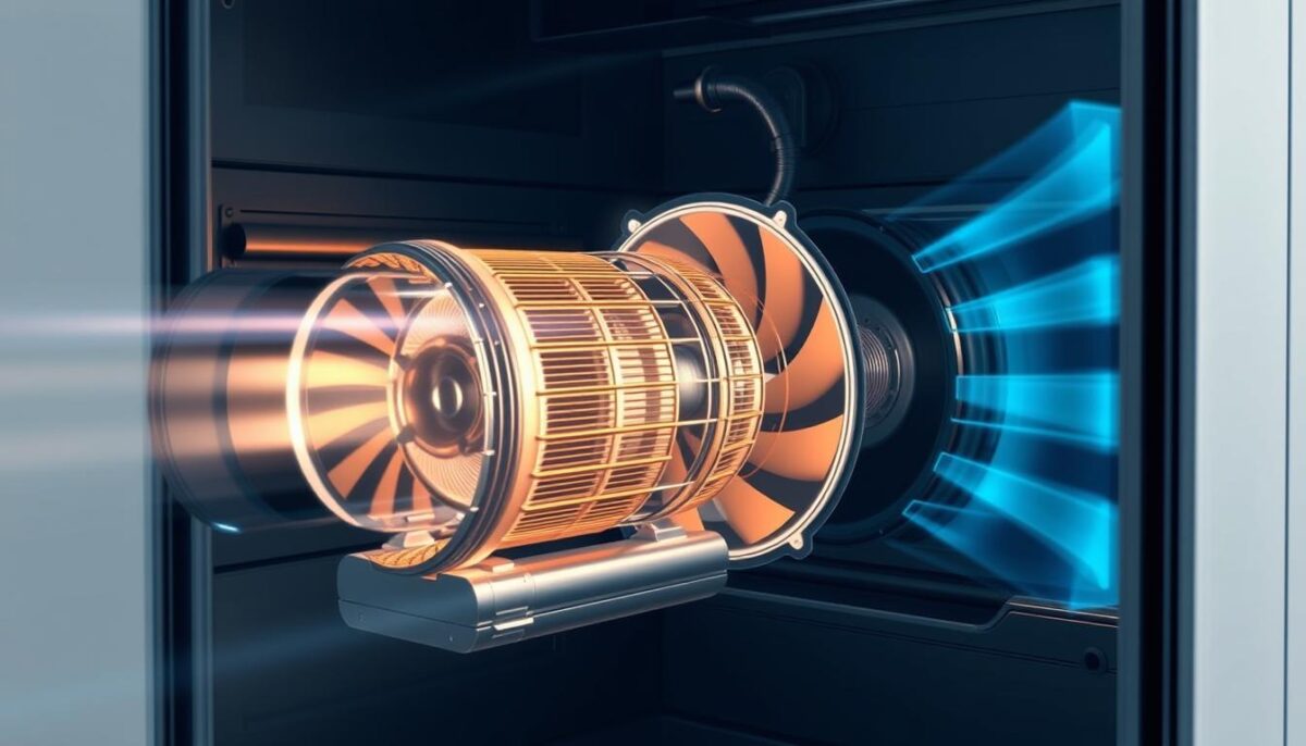 A highly detailed, technical illustration of Turbo Air's self-cleaning condenser technology. Showcase the intricate inner workings and engineering innovations that enable efficient, low-maintenance operation. Depict the condenser coil, fan, and airflow patterns in a cutaway or cross-section view, illuminated by soft, diffused lighting that highlights the precision of the design. Emphasize the sleek, modern aesthetic of the components, conveying Turbo Air's commitment to both functionality and aesthetic appeal. Render the scene with a level of photorealism that showcases the quality and reliability of the technology, suitable for an informative technical article.