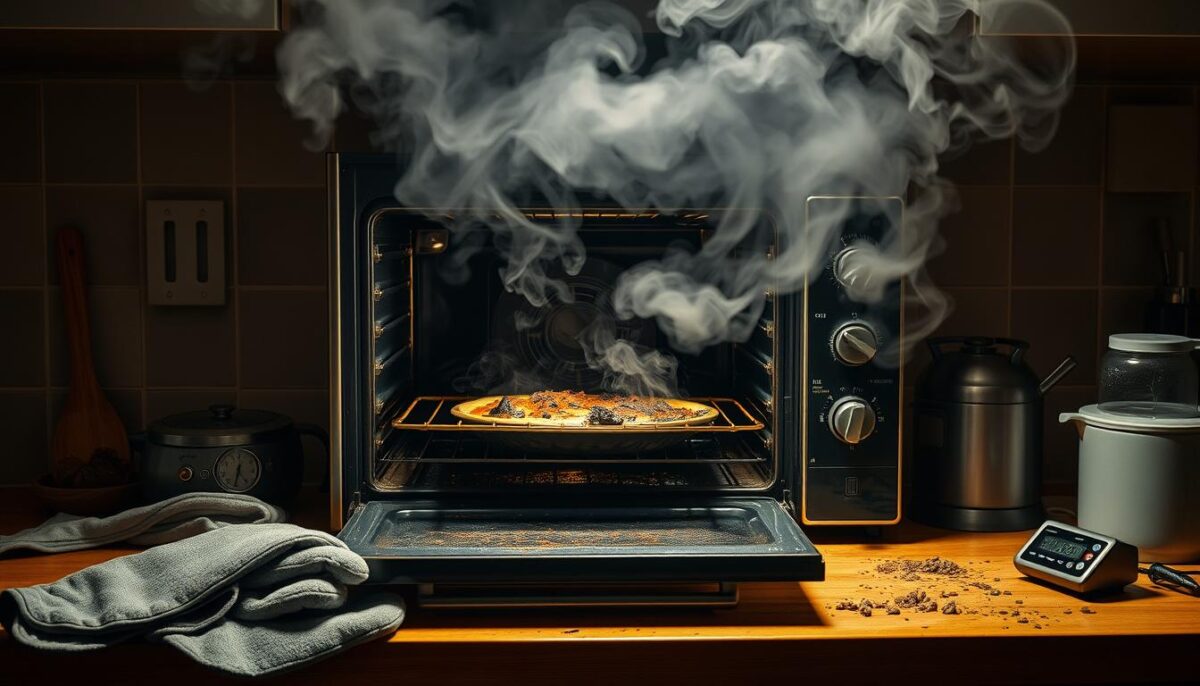 A messy kitchen counter with a smoking convection oven, its door ajar, revealing a charred, blackened dish. Oven mitts and a kitchen timer lie discarded nearby, while billows of acrid smoke drift through the air. The scene is bathed in harsh, overhead lighting, casting dramatic shadows and highlighting the chaos. The atmosphere conveys a sense of panic and culinary disaster, a cautionary tale of the pitfalls that can arise when transitioning from a conventional to a convection oven without proper understanding or adjustment.