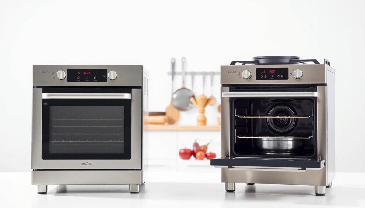 A meticulously detailed comparison of an electric and a gas combi oven, shot in a clean, well-lit studio setting. In the foreground, the two ovens are positioned side-by-side, their sleek, stainless steel exteriors gleaming under the soft, even lighting. The middle ground showcases a variety of kitchen utensils and accessories, hinting at the ovens' versatility. The background features a minimalist, white backdrop, allowing the focal point to remain on the appliances. The overall mood is one of professional, technical evaluation, inviting the viewer to closely examine the key features and costs of these two distinct combi oven models.