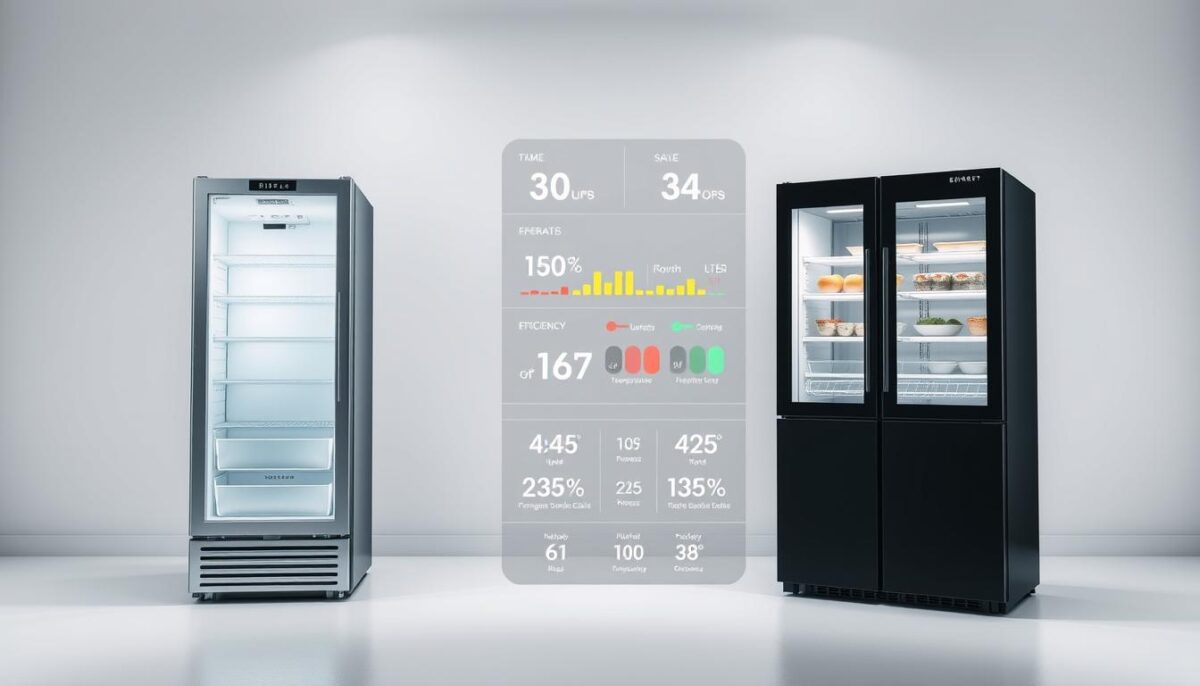 A meticulously lit commercial refrigeration comparison set against a clean, minimalist backdrop. In the foreground, two sleek refrigerator units - one in a classic silver finish, the other in a modern matte black - stand side by side, their interiors illuminated to showcase their internal features. The middle ground showcases a range of temperature and energy efficiency metrics, presented in a clear, infographic-style layout. The background is a stark, white studio environment, with subtle shadows and highlights to create depth and drama. The overall mood is one of clinical precision and technical detail, inviting the viewer to closely examine the differences between the two refrigeration systems.